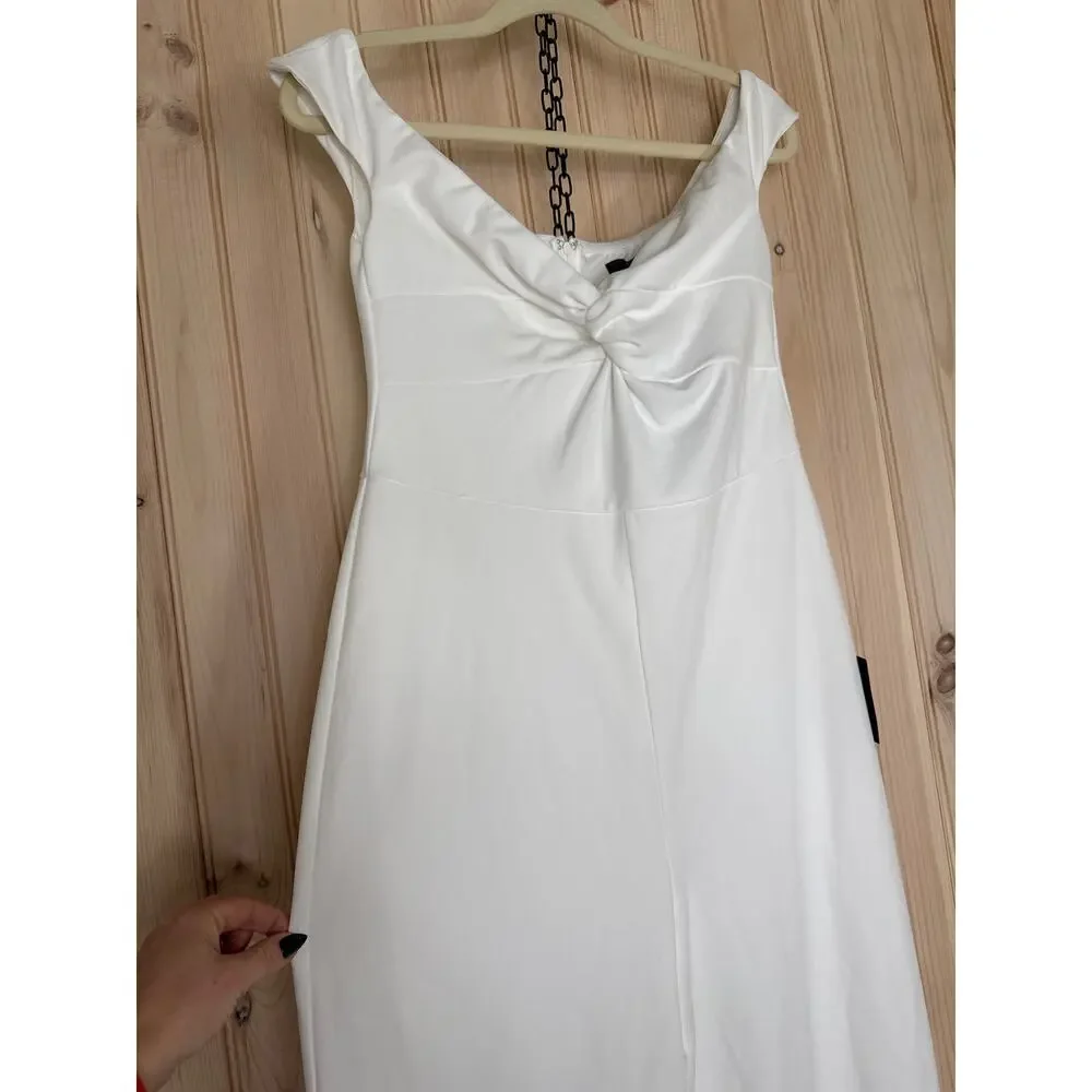 NWT Lulus Stunning Existence White Off-the-Shoulder Knot-Front Jumpsuit Size L